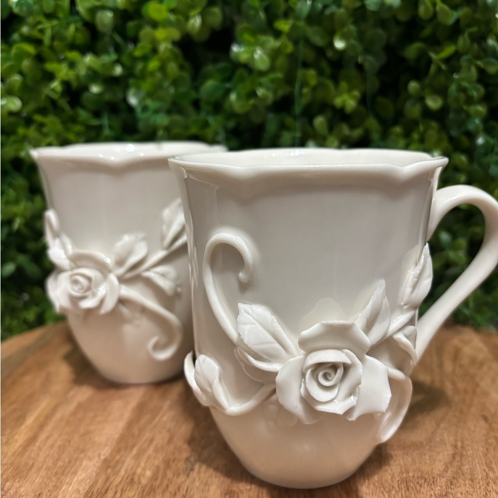 Grace Teaware  cream color Embossed Rose fine Porcelain Mugs set (2)